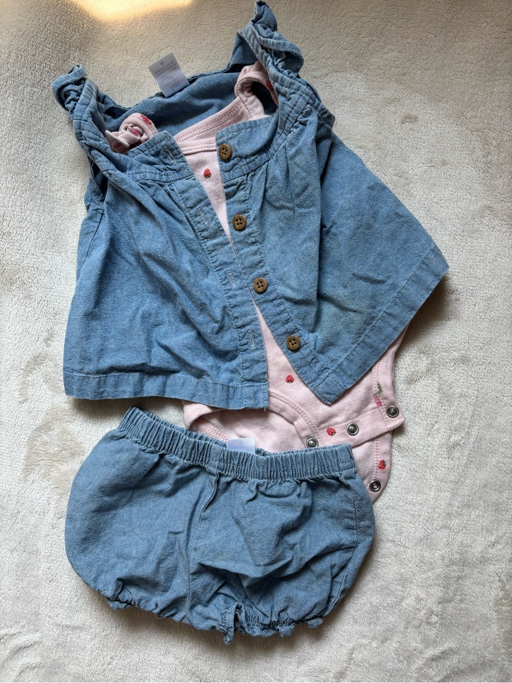 Carter’s Baby Girl Blue Chambray 3-Piece with Cherry/Strawberry Bodysuit - 3M